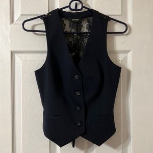 Express Navy Pinstripe Vest with Black Lace Back, Size 1/2.